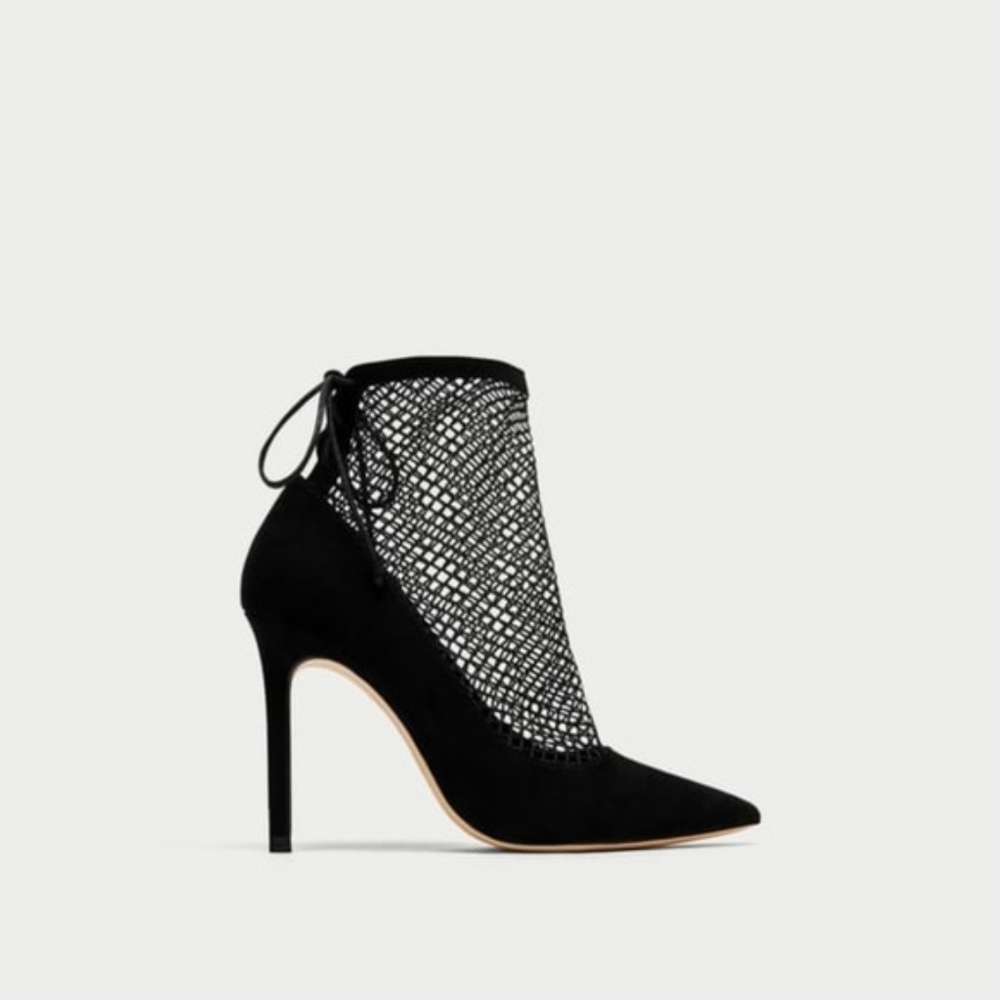 {Zara} Black High Heel Fishnet Ankle Boots - Picture 6 of 8